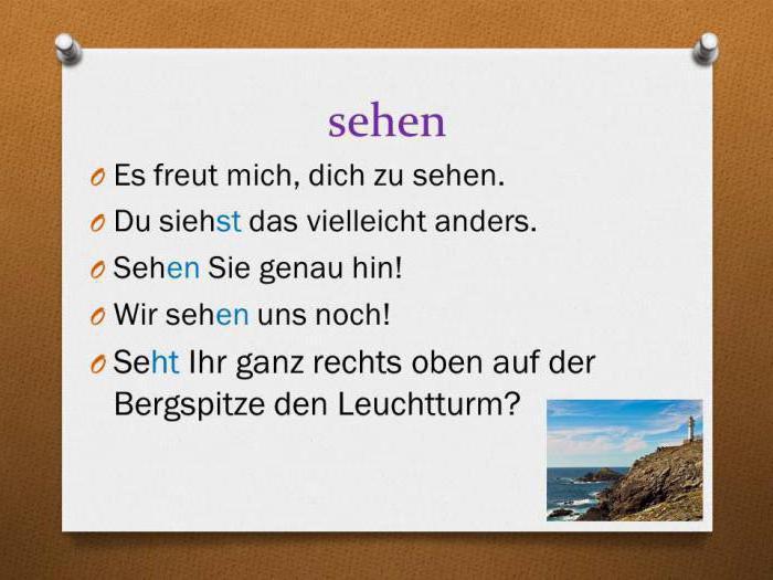 O verbo sehen: conjugação. Exemplos de uso do verbo sehen